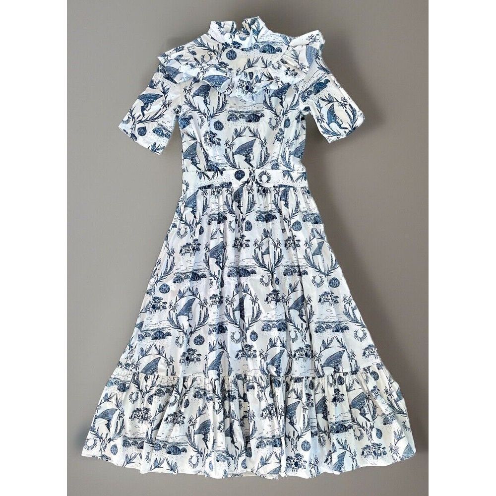 sindiso khumalo Miss Celie Ruffled‎ African Printed Midi Dress Blue White Small